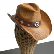 Embroidered Straw Cowboy Hat with Windproof Belt (Khaki)