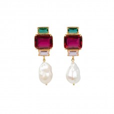Fuschia & Green Crystals with a Pearl Drop. Gold tone