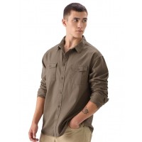 Brown Men and Boys Long Sleeve Collared Neck Button Front Regular Fit Utility Shirts